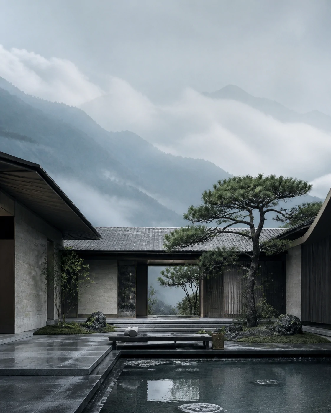 雨后群山与现代山居庭院