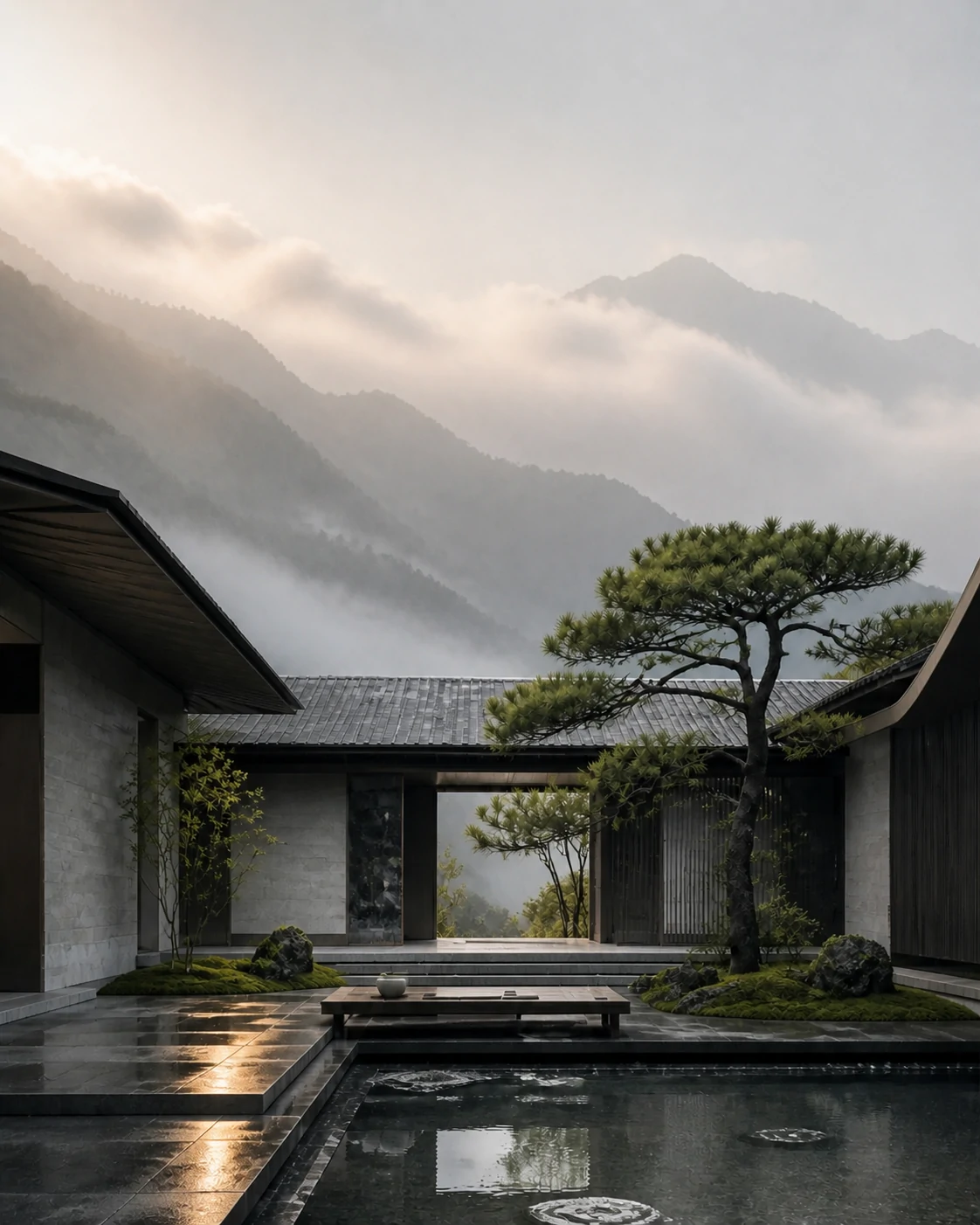 夕照中的山居庭院